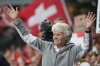 Switzerland head coach Pia Sundhage waves supporters at the end of the Women's Euro 2025 quarterfinals soccer match between Spain and Switzerland at Stadion Wankdorf in Bern, Switzerland, Friday, July 18, 2025. (AP Photo/Martin Meissner)