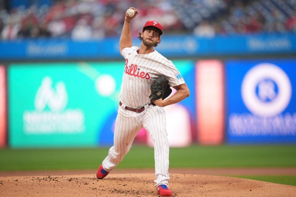 FILE - Philadelphia Phillies' Aaron Nola pitches during the second baseball game of a doubleheader May 14, 2025, in Philadelphia. (AP Photo/Matt Slocum, File)