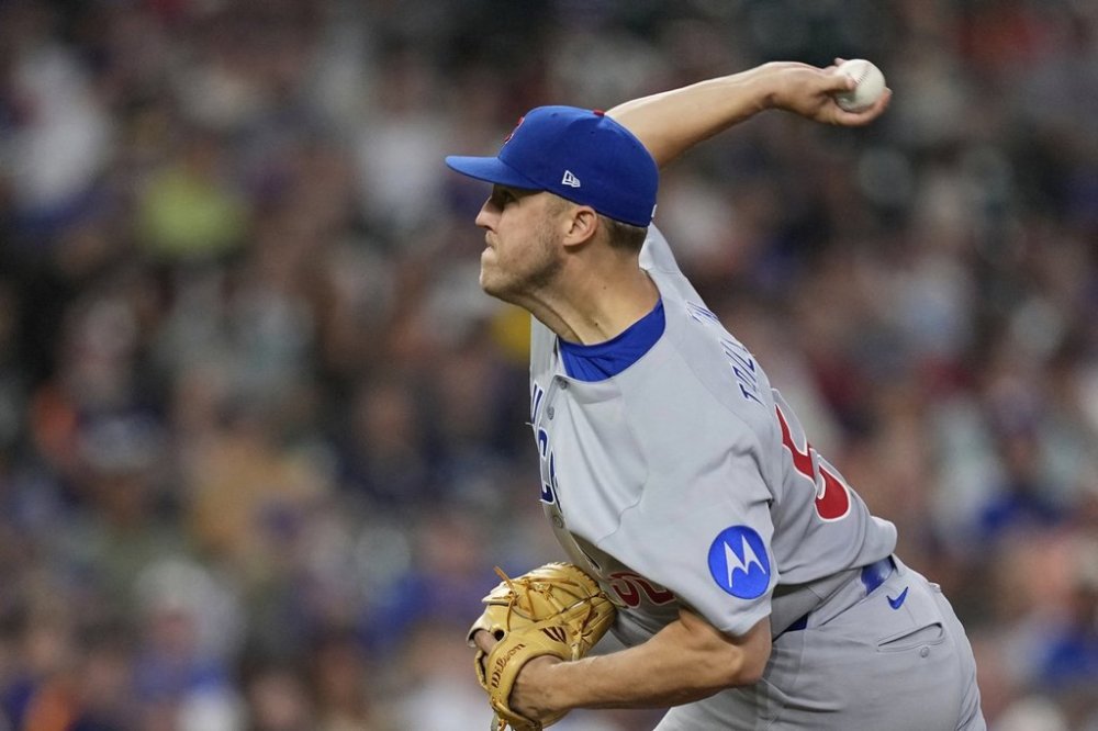 Chicago Cubs starting pitcher Jameson Taillon throws against the Houston Astros during the first inning of a baseball game Sunday, June 29, 2025, in Houston. (AP Photo/David J. Phillip)