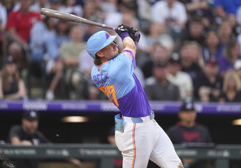 Colorado Rockies' Jordan Beck follows the flight of his solo home run off Minnesota Twins starting pitcher Chris Paddack in the second inning of a baseball game Friday, July 18, 2025, in Denver. (AP Photo/David Zalubowski)
