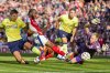 FILE - Southampton's goalkeeper Aaron Ramsdale stops a shot by Arsenal's Raheem Sterling during the English Premier League soccer match at the Emirates Stadium in London, Oct. 5, 2024. (AP Photo/Kirsty Wigglesworth, File)