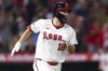 Los Angeles Angels Nolan Schanuel reacts while running towards first base after hitting an RBI single during the eighth inning of a baseball game against the Arizona Diamondbacks in Anaheim, Calif., Saturday, July 12, 2025. (AP Photo/Jessie Alcheh)