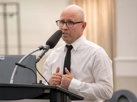 Christian Panson speaking to the Manitoba government's all-party journalism committee on July 2. (Brook Jones / Free Press)