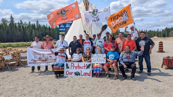 Demonstrators take a stand against the federal government's Bill 5 during a planned protest along Ontario's Highway 17, a major transportation corridor north of Lake Superior, on Netmizaaggamig Nishnaabeg (Pic Mobert First Nation) territory in a July 3, 2025, handout photo. (The Canadian Press /Handout - Netmizaaggamig Nishnaabeg (Mandatory Credit)