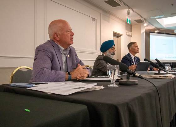 The All-Party Journalism Committee members Greg Nesbitt (left), MLA for Riding Mountain, Diljeet Brar, MLA for Burrows and committee chair Robert Loiselle, MLA for St. Boniface. (Brook Jones / Free Press)