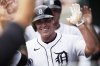 Detroit Tigers' Kerry Carpenter celebrates in the dugout after hitting a two-run home run during the sixth inning of a baseball game against the Arizona Diamondbacks, Wednesday, July 30, 2025, in Detroit. (AP Photo/Ryan Sun)