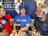 Chicago Cubs manager Craig Counsell speaks to reporters while wearing a T-shirt honoring Hall of Fame Ryne Sandberg on Tuesday in Milwaukee. (AP Photo/Steve Megargee)