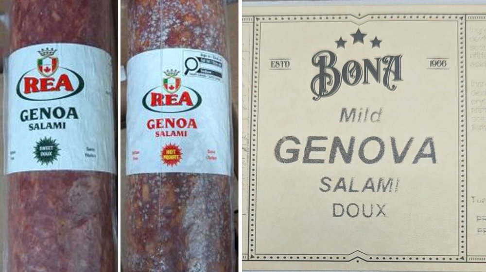Labels from Rea brand Genoa Salami Sweet, Rea brand Genoa Salami Hot and Bona brand Mild Genova Salami are seen in this June 10, 2025, composite of handout images. THE CANADIAN PRESS/Handout - Canadian Food Inspection Agency (Mandatory Credit)