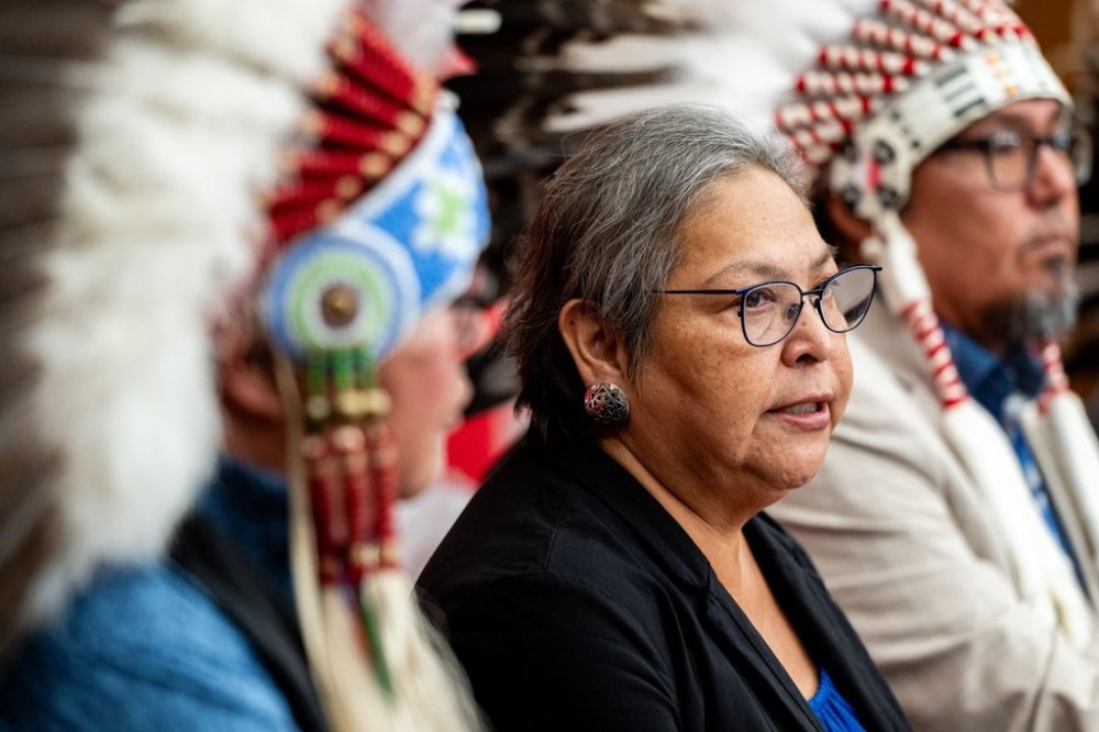 Chief Phyllis Whitford of O’Chiese First Nation speaks during a press conference on the sidelines of the First Nations Summit in Ottawa, on Thursday, July 17, 2025. THE CANADIAN PRESS/Spencer Colby
