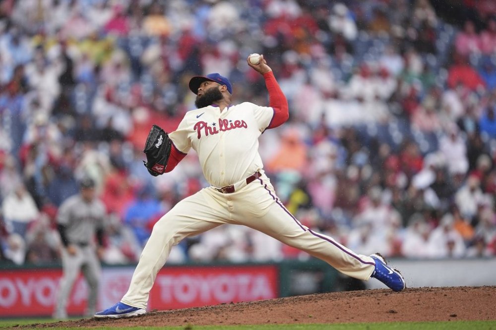 FILE - Philadelphia Phillies relief pitcher Jose Alvarado in action during a baseball game, May 4, 2025, in Philadelphia. (AP Photo/Matt Rourke, File)