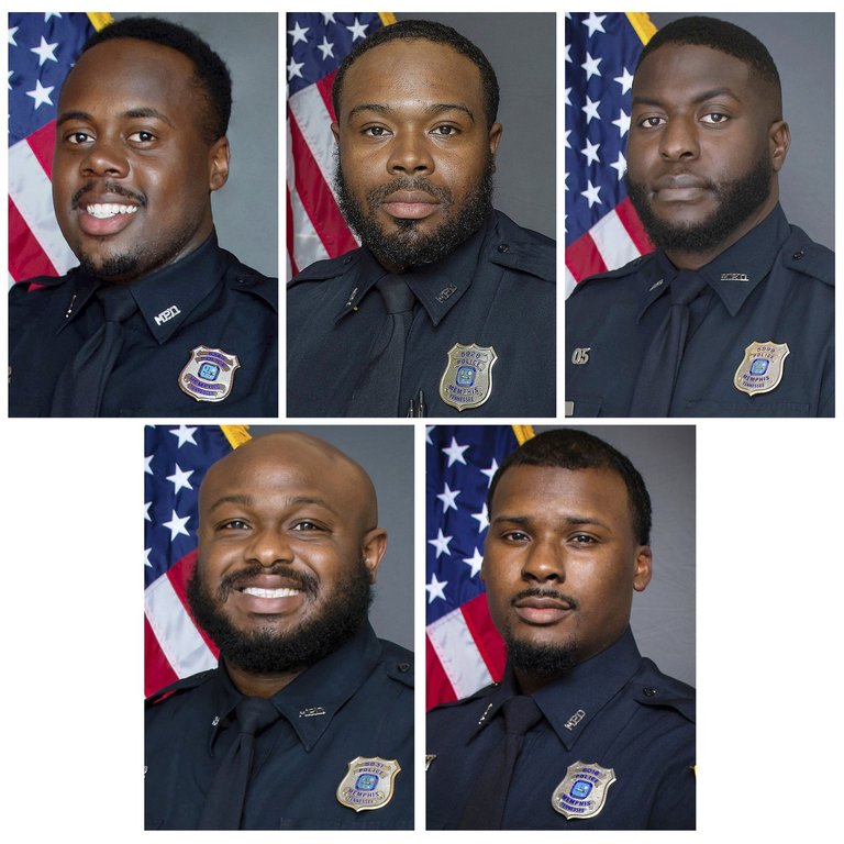 FILE - This combination of images provided by the Memphis, Tenn., Police Department shows, from top row from left, Police Officers Tadarrius Bean, Demetrius Haley, Emmitt Martin III, bottom row from left, Desmond Mills, Jr. and Justin Smith. (Memphis Police Department via AP, File)