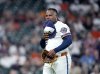 Houston Astros starting pitcher Framber Valdez (59) reacts after striking out Washington Nationals' Josh Bell during the third inning of a baseball game Monday, July 28, 2025, in Houston. Valdez struck out Nationals' Alex Call for his 1000th career strikeout earlier in the inning. (AP Photo/Karen Warren)