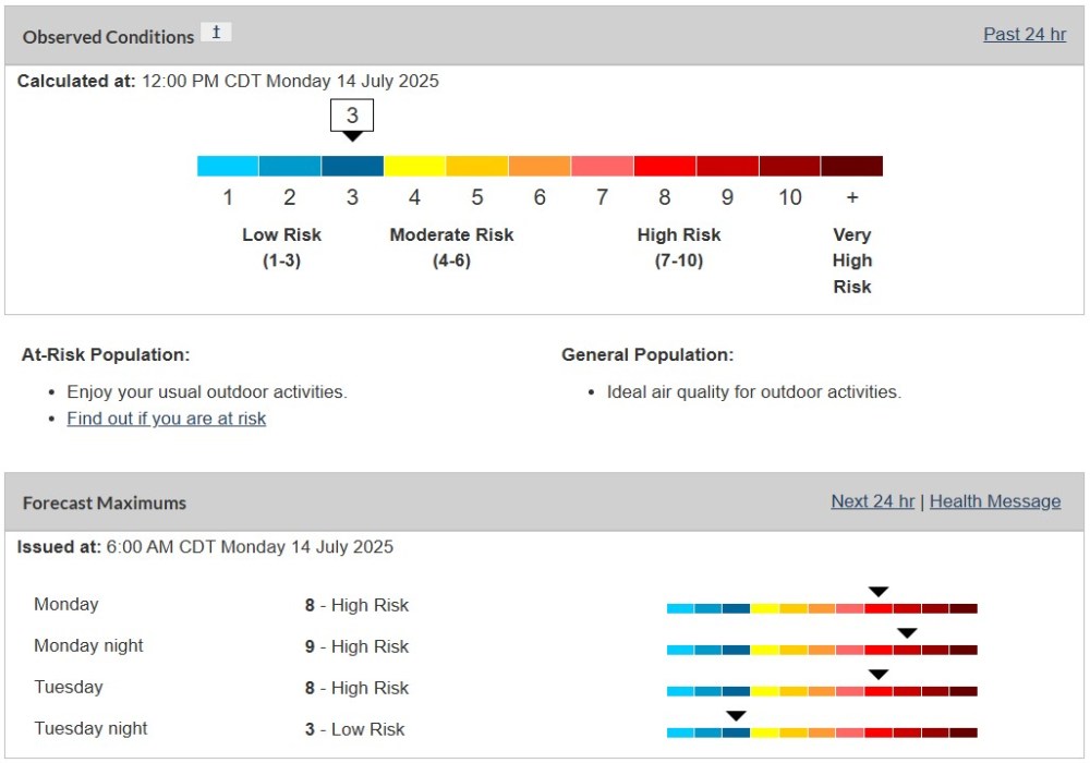 A screenshot of Environment Canada's Air Quality Health Index, captured just after 1 p.m. Monday.