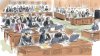 The courtroom is shown in this sketch from London, Ont., as Justice Maria Carroccia delivers her ruling in the sexual assault trial for five former members of Canada's world junior hockey team, on Thursday, July 24, 2025.  THE CANADIAN PRESS/Alexandra Newbould