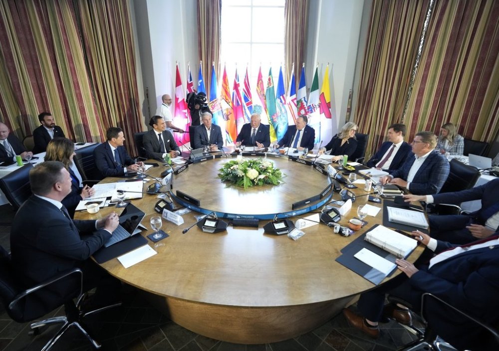 Ontario Premier Doug Ford, top centre, speaks as he hosts the premiers during the 2025 summer meetings of Canada’s Premiers at Deerhurst Resort in Huntsville, Ont., on Tuesday, July 22, 2025. THE CANADIAN PRESS/Nathan Denette