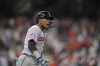 Cleveland Guardians' Angel Martínez celebrates after hitting a grand slam against the Houston Astros during the 10th inning of a baseball game Tuesday, July 8, 2025, in Houston. (AP Photo/David J. Phillip)