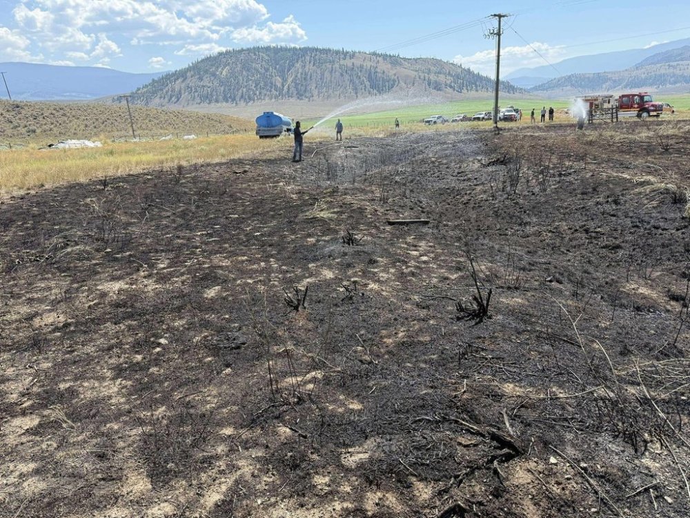 People are seen in this handout photo putting out a brush fire south of Ashcroft, B.C., on Wednesday, July 30, 2025. Ashcroft Fire Rescue says the blaze was likely caused by a bird dropping a fish onto local power lines. THE CANADIAN PRESS/Handout — Facebook, Ashcroft Fire Rescue (Mandatory Credit)