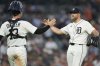 Detroit Tigers relief pitcher Will Vest, right, celebrates with catcher Dillon Dingler after the team's win in a baseball game against the Arizona Diamondbacks Monday, July 28, 2025, in Detroit. (AP Photo/Ryan Sun)