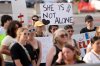 Supporters of the complainant in the junior hockey sexual assault trial rally outside the London Courthouse in London, Ont., Thursday, July 24, 2025. THE CANADIAN PRESS/Nicole Osborne
