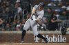 New York Yankees' Ben Rice hits a double in the eighth inning of a baseball game against the Atlanta Braves, Friday, July 18, 2025, in Atlanta. (AP Photo/Colin Hubbard)