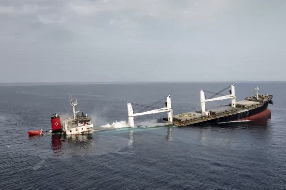 This image released by Ansar Allah Media Office in Yemen shows the Liberian-flagged bulk carrier Eternity C is seen as it sinks in the Red Sea, Wednesday, July 9, 2025.( Ansar Allah Media Office via AP)