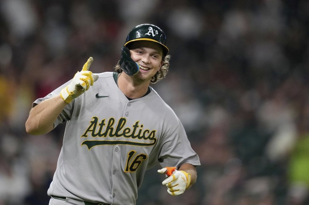 Athletics' Nick Kurtz celebrates after hitting a three-run home against the Houston Astros during the ninth inning of a baseball game Friday, July 25, 2025, in Houston. (AP Photo/David J. Phillip)