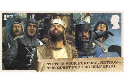 This photo provided by the Royal Mail on Wednesday Aug. 6, 2025 shows a Monty Python Holy Grail stamp issued to celebrate the 50th anniversary of the film. (Royal Mail via AP)