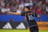 New York City FC forward Alonso Martínez reacts after scoring a goal against FC Dallas during the second half of an MLS soccer match Friday, July 25, 2025 in Frisco, Texas. (AP Photo/Julio Cortez)