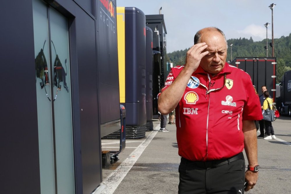Ferrari team principal Frederic Vasseur outside the team garage prior to the first practice session ahead of the Formula One Grand Prix at the Spa-Francorchamps racetrack in Spa, Belgium, Friday, July 25, 2025. (AP Photo/Geert Vanden Wijngaert)