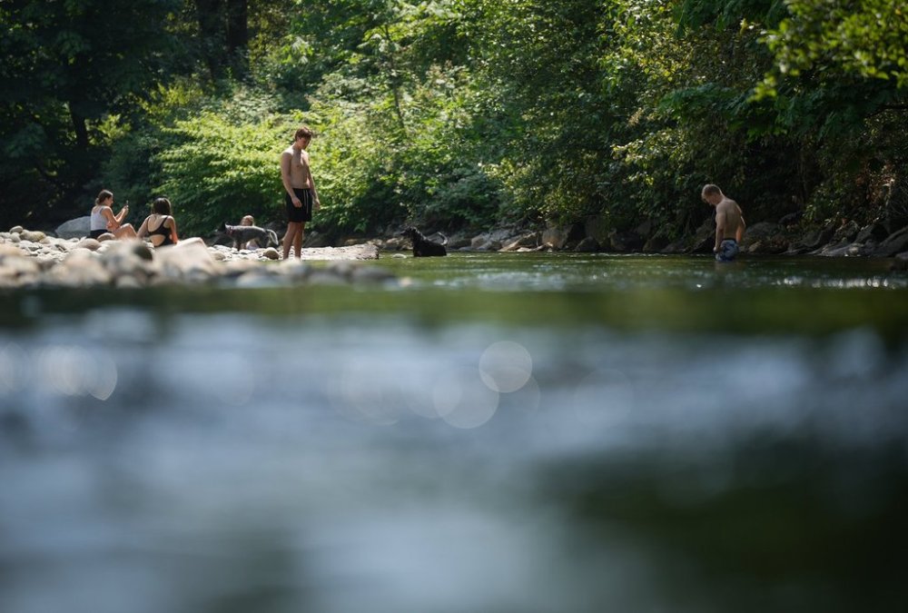 People cool off in Lynn Creek in North Vancouver, B.C., on Thursday, July 6, 2023. Environment Canada has issued heat warnings for much of British Columbia's Interior, stretching from Grand Forks near the U.S. border to areas north of Prince George. THE CANADIAN PRESS/Darryl Dyck