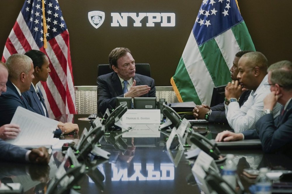 This image provided by Office of the New York Mayor shows Thomas Donlon, center, as New York City's interim police commissioner, Sept. 13, 2024. (Michael Appleton/Mayoral Photography Office via AP)