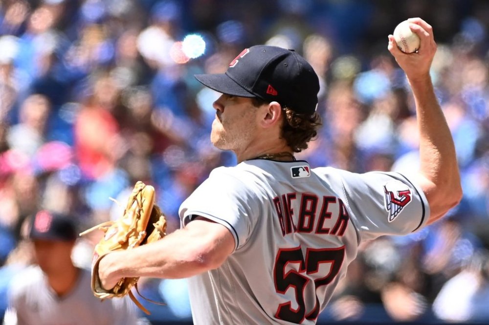 Cleveland Guardians starting pitcher Shane Bieber throws to a Toronto Blue Jays batter in first inning American League baseball action in Toronto on Sunday, August 14, 2022. THE CANADIAN PRESS/Jon Blacker