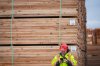 A worker stands near a stack of lumber at the Western Forest Products Duke Point Sawmill, in Nanaimo, B.C., on Friday, March 28, 2025. THE CANADIAN PRESS/Darryl Dyck