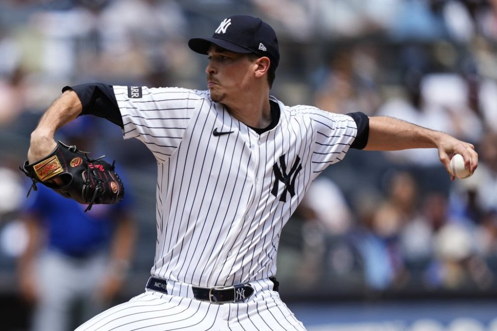 New York Yankees pitcher Max Fried (54) throws during the first inning of a baseball game against the Chicago Cubs, Saturday, July 12, 2025, in New York. (AP Photo/Yuki Iwamura)
