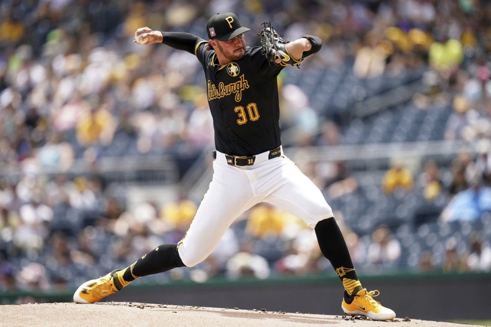 Pittsburgh Pirates pitcher Paul Skenes delivers during the first inning of a baseball game against the Arizona Diamondbacks, Sunday, July 27, 2025, in Pittsburgh. (AP Photo/Matt Freed)