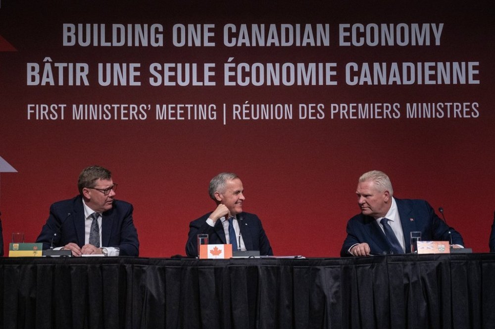 Saskatchewan Premier Scott Moe, left to right, Prime Minister Mark Carney and Ontario Premier Doug Ford speak to media following the first minister’s meeting in Saskatoon on Monday, June 2, 2025. THE CANADIAN PRESS/Liam Richards