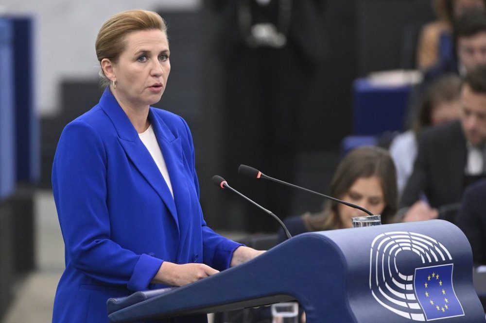 Denmark's Prime Minister Mette Frederiksen delivers her speech as Denmark holds the rotating presidency of the Council of Europe, Tuesday, July 8, 2025 at the European Parliament in Strasbourg, eastern France. (AP Photo/Pascal Bastien)