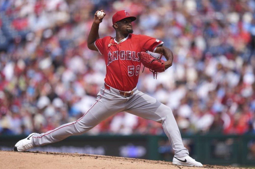 Los Angeles Angels' José Soriano pitches during the second inning of a baseball game against the Philadelphia Phillies Sunday, July 20, 2025, in Philadelphia. (AP Photo/Matt Slocum)