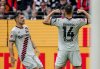 FILE - Leverkusen's Patrik Schick, right, celebrates his side's second goal during the German Bundesliga Soccer match between Eintracht Frankfurt and Bayer Leverkusen in Frankfurt, Germany, Sunday, May 5, 2024, with teammate Granit Xhaka at left. (AP Photo/Michael Probst, File)