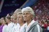 Switzerland head coach Pia Sundhage stands by the bench before the Euro 2025, group A, soccer match between Finland and Switzerland at Stade de Geneve in Geneva, Switzerland, Thursday, July 10, 2025. (AP Photo/Alessandra Tarantino)