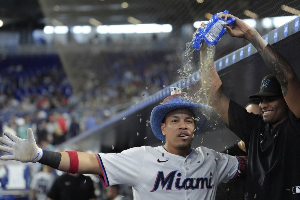 Miami Marlins' Heriberto Hernandez is doused with sunflower seeds after hitting a home run in the third inning of a baseball game against the Houston Astros, Wednesday, Aug. 6, 2025, in Miami. (AP Photo/Rebecca Blackwell)