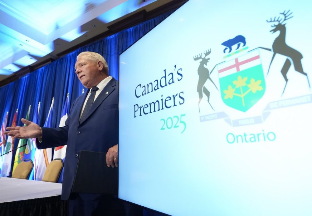 Ontario Premier Doug Ford speaks to the media during the 2025 summer meeting of Canada’s premiers at Deerhurst Resort in Huntsville, Ont., on Wednesday, July 23, 2025. THE CANADIAN PRESS/Nathan Denette