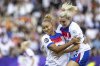 England's Lauren James, right, celebrates with England's Alessia Russo after scoring the opening goal during theEuro 2025, group D, soccer match between England and the Netherlands in Zurich, Switzerland, Wednesday, July 9, 2025. (Michael Buholzer/Keystone via AP)