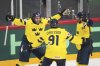 Sweden's Leo Carlsson (91) celebrates after scoring a goal with Mika Zibanejad, left, and Marcus Johansson during the second period of a quarterfinal match at the ice hockey world championships against the Czech Republic in Stockholm, Sweden, Thursday, May 22, 2025. (AP Photo/Petr David Josek)