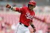 Cincinnati Reds' TJ Friedl celebrates his home run against the Colorado Rockies run during the first inning of a baseball game, Sunday, July 13, 2025, in Cincinnati. (AP Photo/Jay LaPrete)