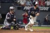 Cleveland Guardians' Kyle Manzardo, right, watches his winning RBI single off Minnesota Twins relief pitcher Kody Fundereburk during the 10th inning of a baseball game, Friday, Aug. 1, 2025, in Cleveland. (AP Photo/Phil Long)