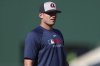 Atlanta Braves' Austin Riley looks on during batting practice before a baseball game against the Athletics, Tuesday, July 8, 2025, in West Sacramento, Calif. (AP Photo/Scott Marshall)