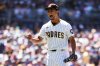 San Diego Padres' Yu Darvish reacts after striking out New York Mets' Mark Vientos to end the sixth inning of a baseball game, Wednesday, July 30, 2025, in San Diego. (AP Photo/Derrick Tuskan)