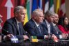 Prime Minister Mark Carney, left, speaks to media following the first ministers' meeting in Saskatoon, on Monday, June 2, 2025. THE CANADIAN PRESS/Liam Richards