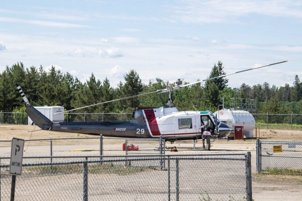 A helicopter at the Provincial Wildfire Center in Prince Albert, Sask., on Wednesday, June 4, 2025. THE CANADIAN PRESS/Liam Richards
